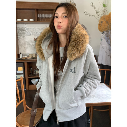 LK STORE LKOD2025秋冬新款od波点毛领连帽卫衣潮牌款女短款外套