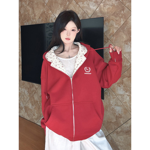 LK STORE LKOD2024碎花连帽卫衣情侣男女刺绣字母外套潮帽衫拼接