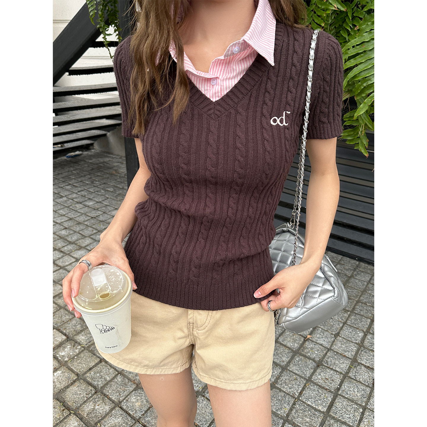 春季新款假两件修身短袖毛衣女图片