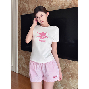 LKOD2025夏季 STORE 粉色女裤 新款 修身 条纹美式 短款 裤 校园短裤