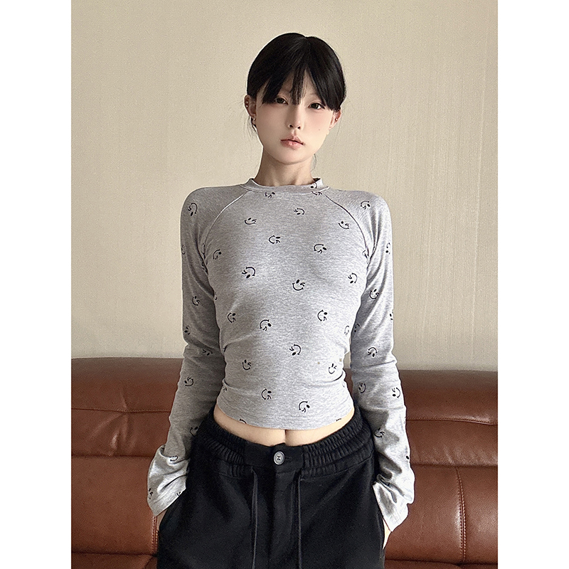 LKOD修身圆领辣妹满印笑脸长袖