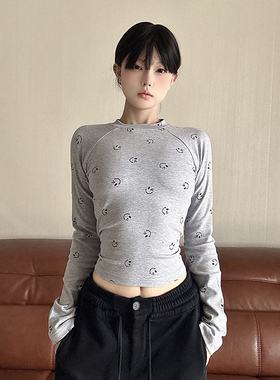 LKSTORE LKOD2024秋冬新款笑脸圆领修身紧身内搭长袖辣妹美式百搭