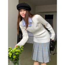 LK STORE LKOD2025条纹衬衣领od字母毛衣v领假两件长袖针织修身女