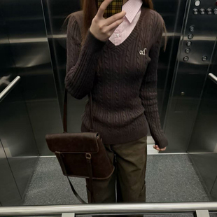 针织修身 LKOD2025条纹衬衣领od字母毛衣v领假两件长袖 女 STORE