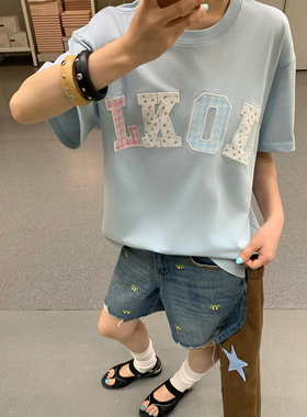 LK STORE LKOD2026夏季新款格子碎花圆领T恤情侣短袖蓝色甜妹宽松