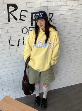 LK STORE LKOD秋季新款连帽短绒波点格子字母卫衣男女情侣款帽衫