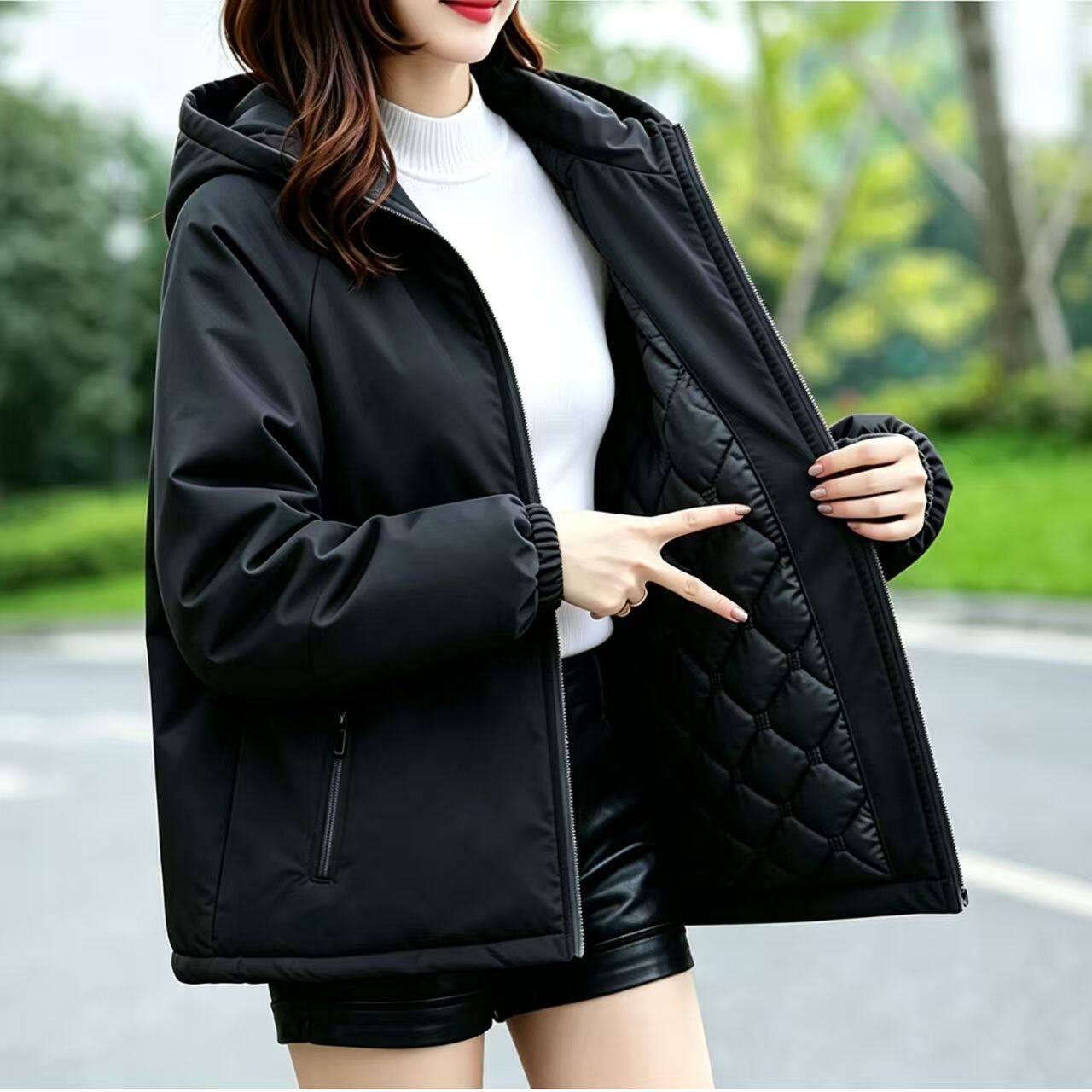二棉春秋新款加棉外套女短款时尚连帽宽松棉服防风棉衣保暖棉袄