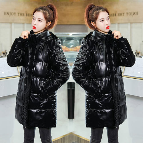 免洗亮面棉衣女中长款韩版宽松