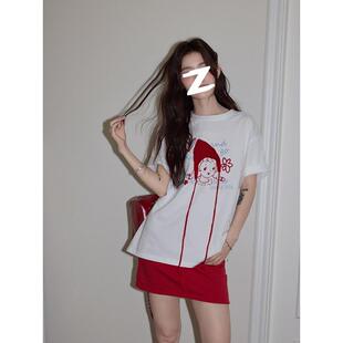 吵吵家短袖T恤女夏季韩系圆领慵懒宽松休闲气质纯棉印花白色上衣