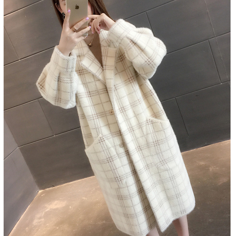 貂绒外套中长款格子毛衣女加厚秋冬装2022新款仿貂毛大衣针织开衫