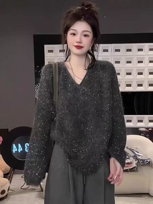 高级感v领重工细闪亮片毛衣女2024年新款洋气时髦百搭宽松针织衫