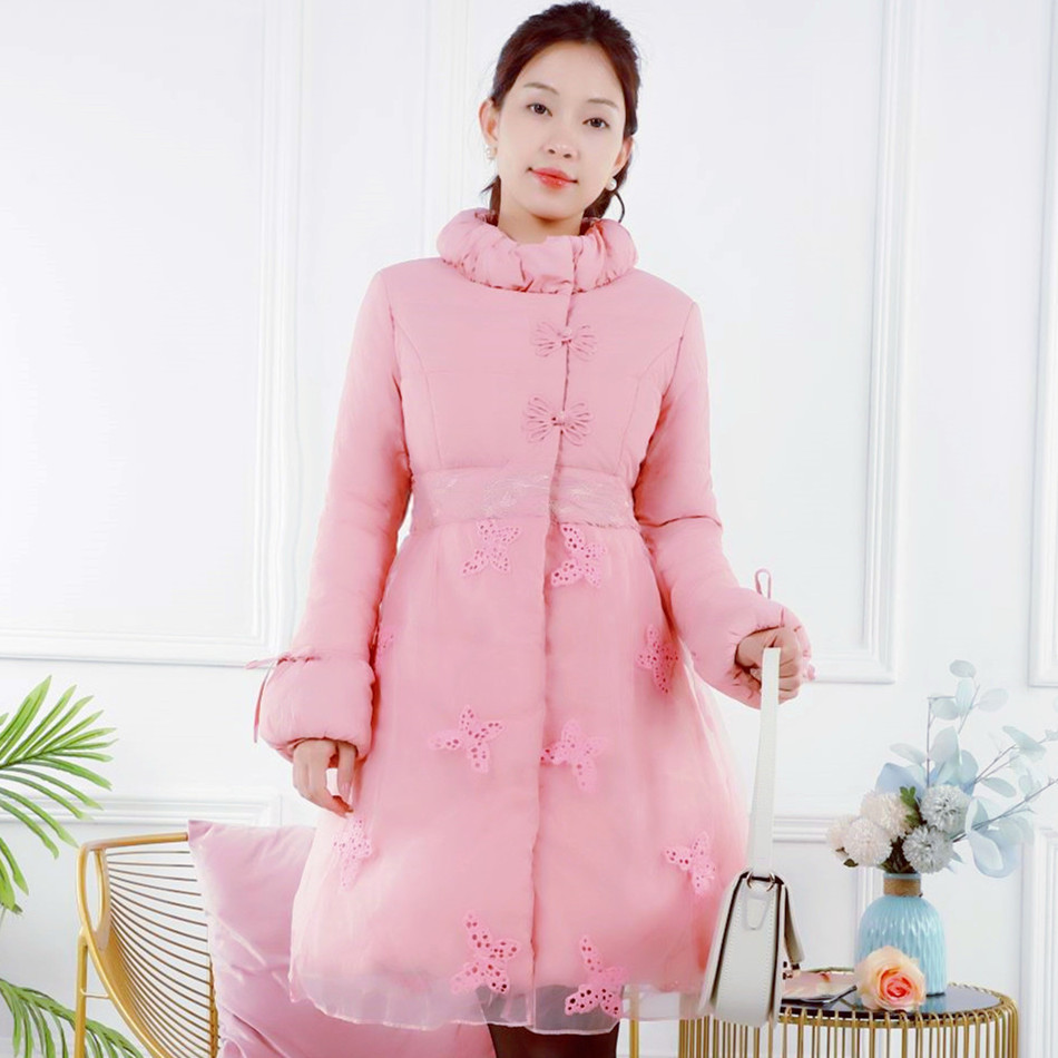 粉色冬季新款棉衣修身立领刺绣中长款加厚大码羽绒棉服外套女吉琴