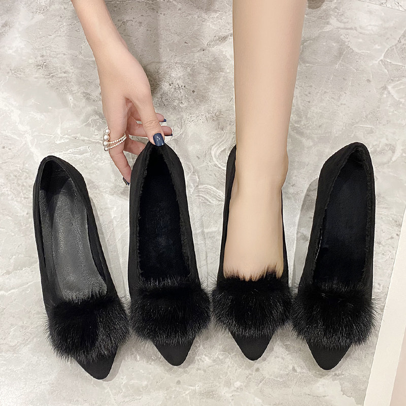 新品真皮貂毛浅口单跟鞋女四季工作鞋软底绒面时尚尖头装脚女鞋子