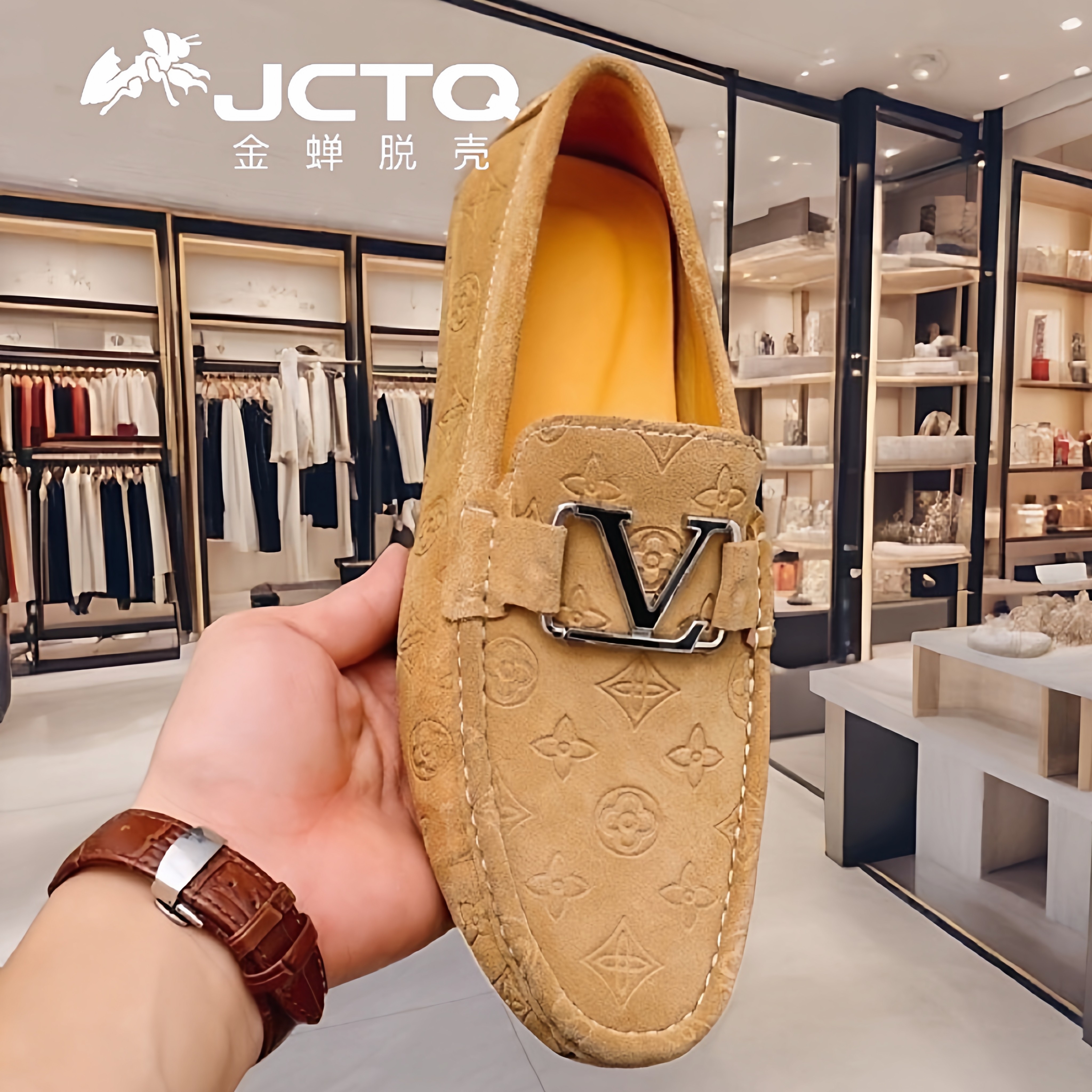 JCTQ高端磨砂反绒翻毛皮印花豆豆鞋男英伦风懒人潮流真皮休闲皮鞋