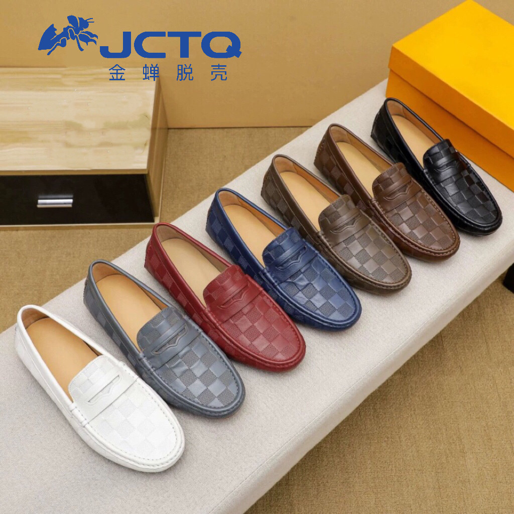 金蝉脱壳高端潮流品牌新款真皮豆豆鞋男圆头套脚软底压花休闲皮鞋