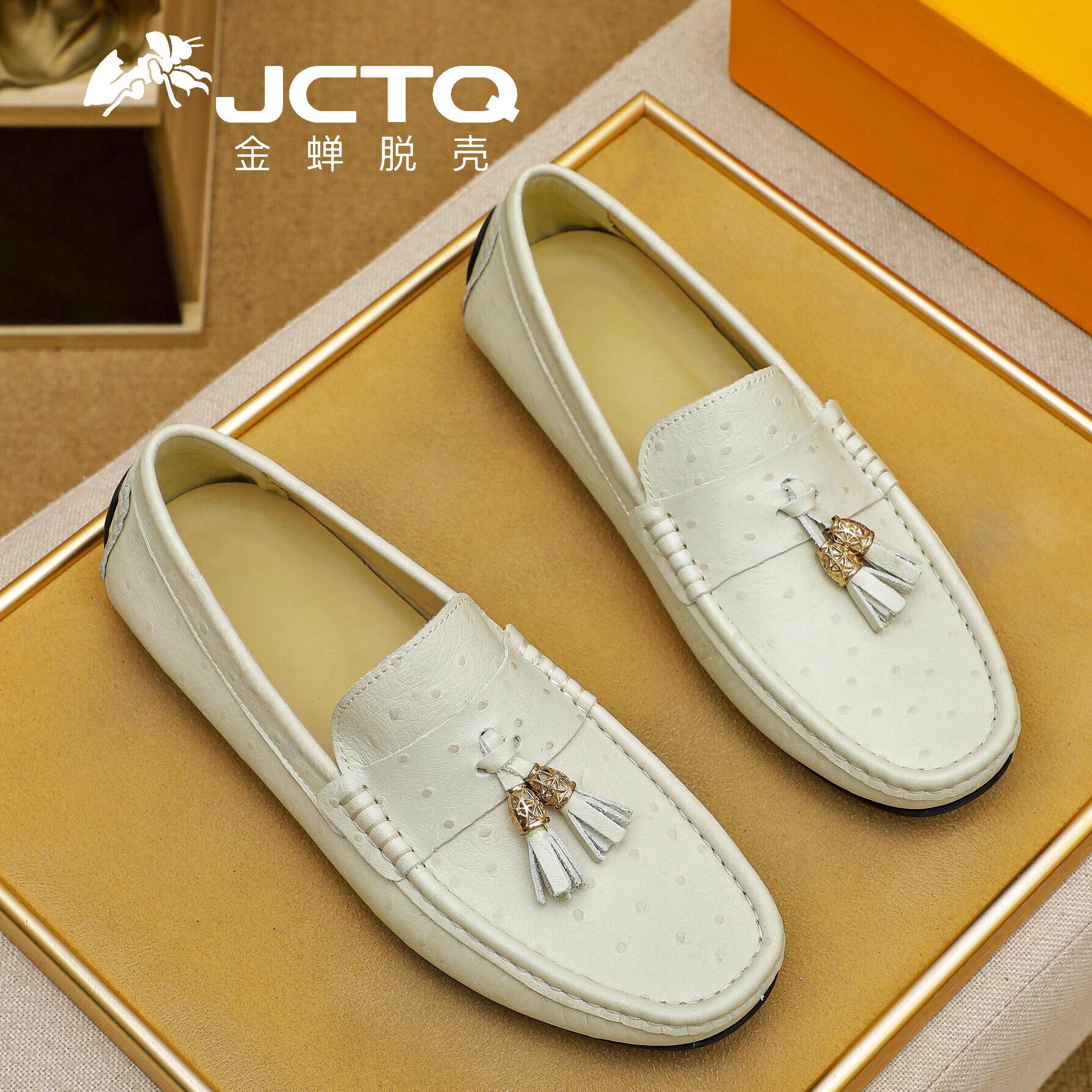 金蝉脱壳高端鸵鸟纹牛皮新款豆豆鞋男一脚蹬懒人驾车百搭休闲皮鞋