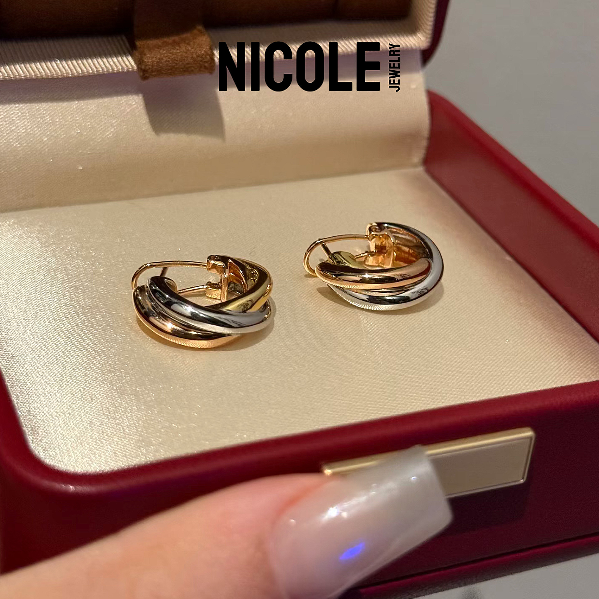 Nicole Jewelry经典重工三色纯银耳环 极简百搭镀18K金高保色礼物
