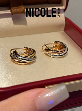 Nicole Jewelry经典重工三色纯银耳环 极简百搭镀18K金高保色礼物