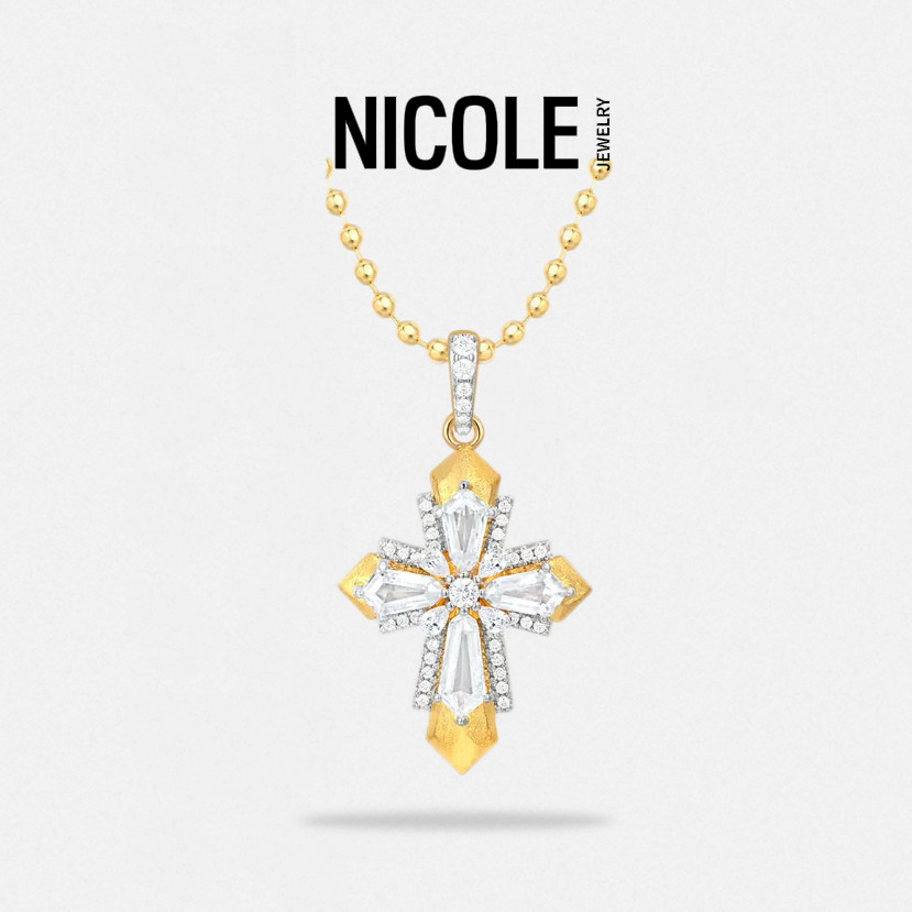 Nicole Jewelry复古宫廷精致轻奢满钻拉丝十字架盾牌纯银吊坠项链