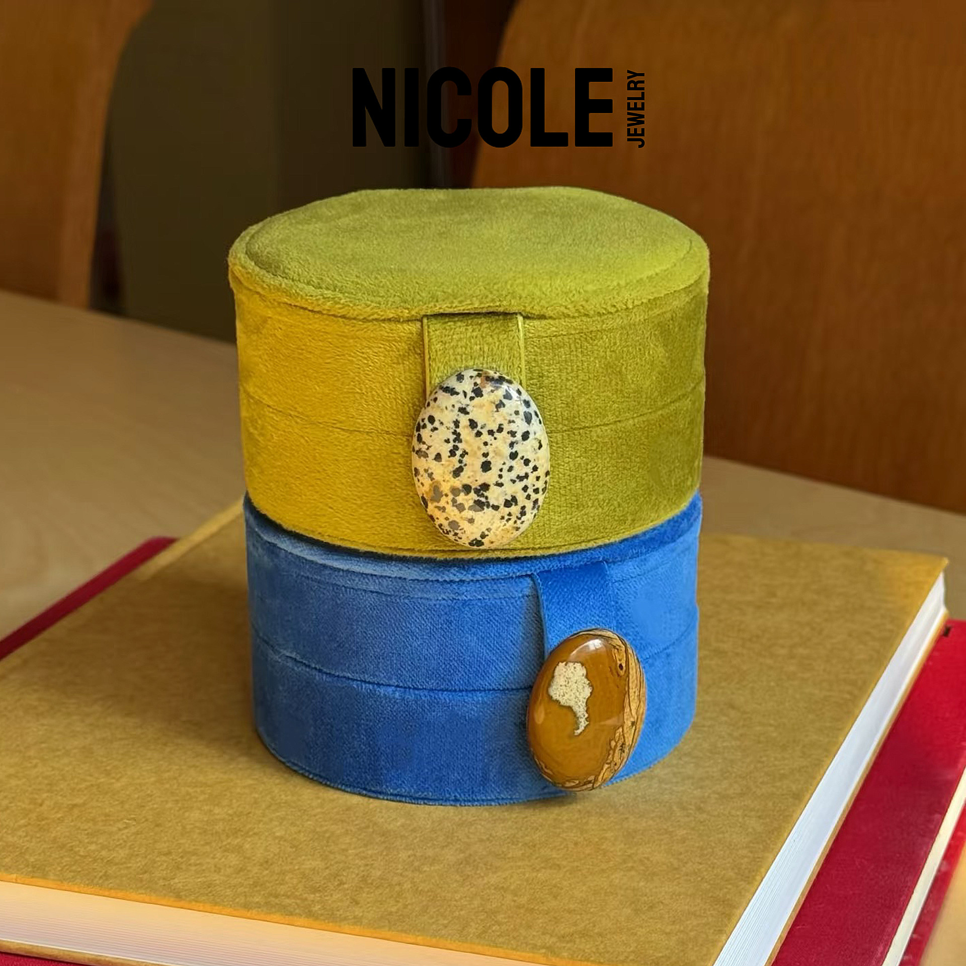 Nicole Jewelry 圆形双层便携天然宝石丝绒首饰盒家居收纳盒旅行
