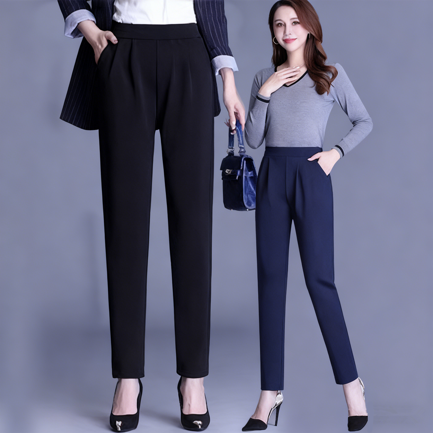 哈伦裤女秋冬季加绒加厚松紧腰宽松显瘦大码烟管裤直筒西装休闲裤