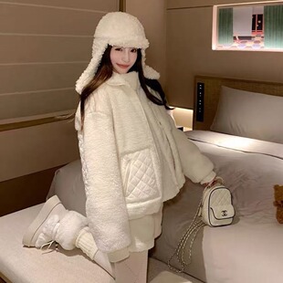 环保羊*羔毛菱格绗棉设计感补丁小奶糕外套女保暖百搭棉服棉衣