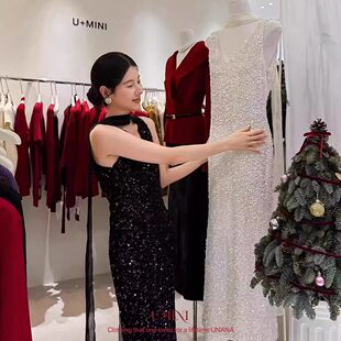春秋法式重工轻奢小众白色丝绒礼服女年会氛围亮片吊带飘带长裙