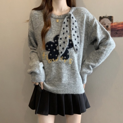 实拍大码韩系复古花朵宽松毛衣外套女秋冬新款慵懒风针织上衣8606