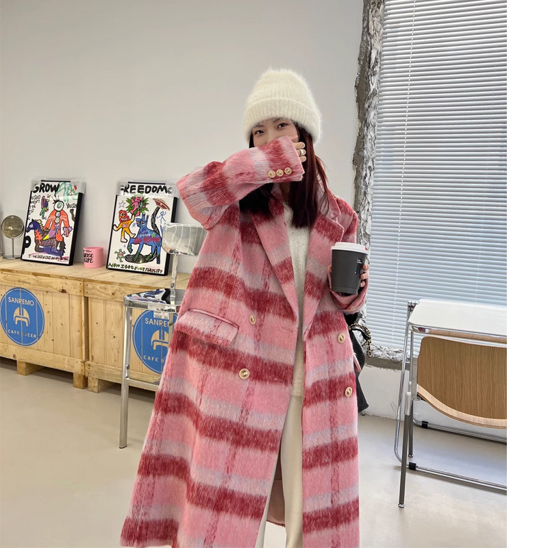 小众复古外套女呢子韩版宽松中长款秋冬新款粉色格子加厚毛呢大衣