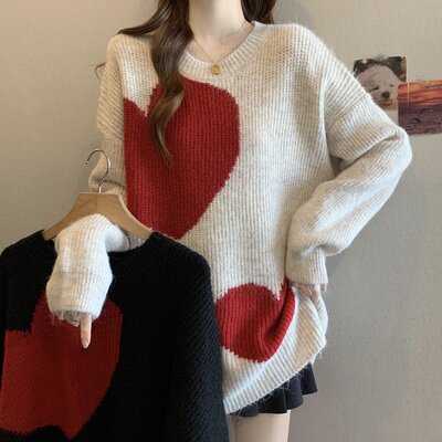 实拍大码女装韩版冬新款时尚气质设计感百搭宽松显瘦爱心毛衣女