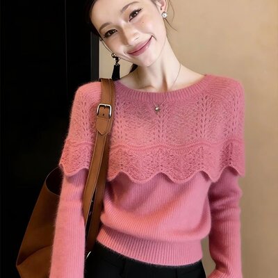 巨好看的钩花针织衫女早秋叠穿韩系穿搭chic独特漂亮的假两件上衣