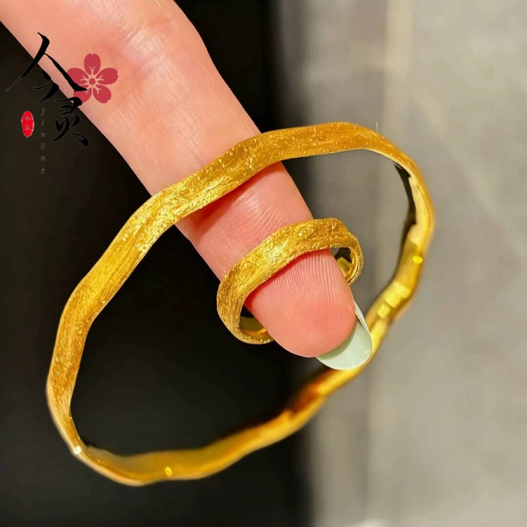 复古金色素圈绸缎拉丝手镯戒指套装女轻奢小众精致新款叠戴手饰品