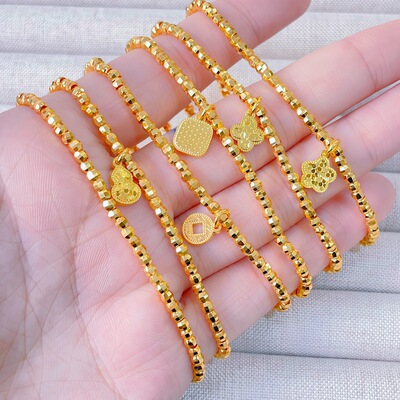 2026新款铜镀金四叶草爆闪碎金手链蹦迪珠转运珠素圈手串百搭手饰