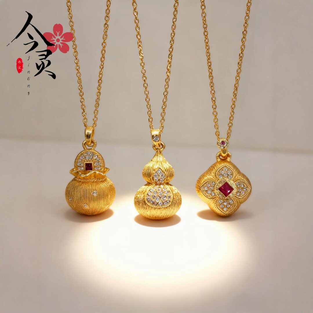金色同款沙金拉丝丝绒点钻葫芦项链轻奢感四叶草福袋吊坠女