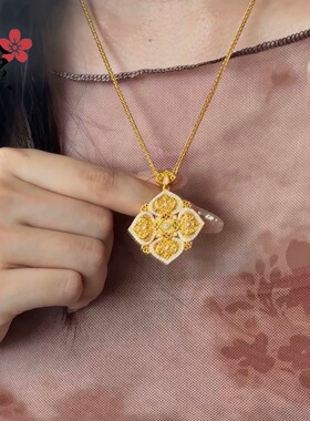 金色首饰品镶钻国韵四方如意吊坠项链女轻奢小众感同款毛衣链