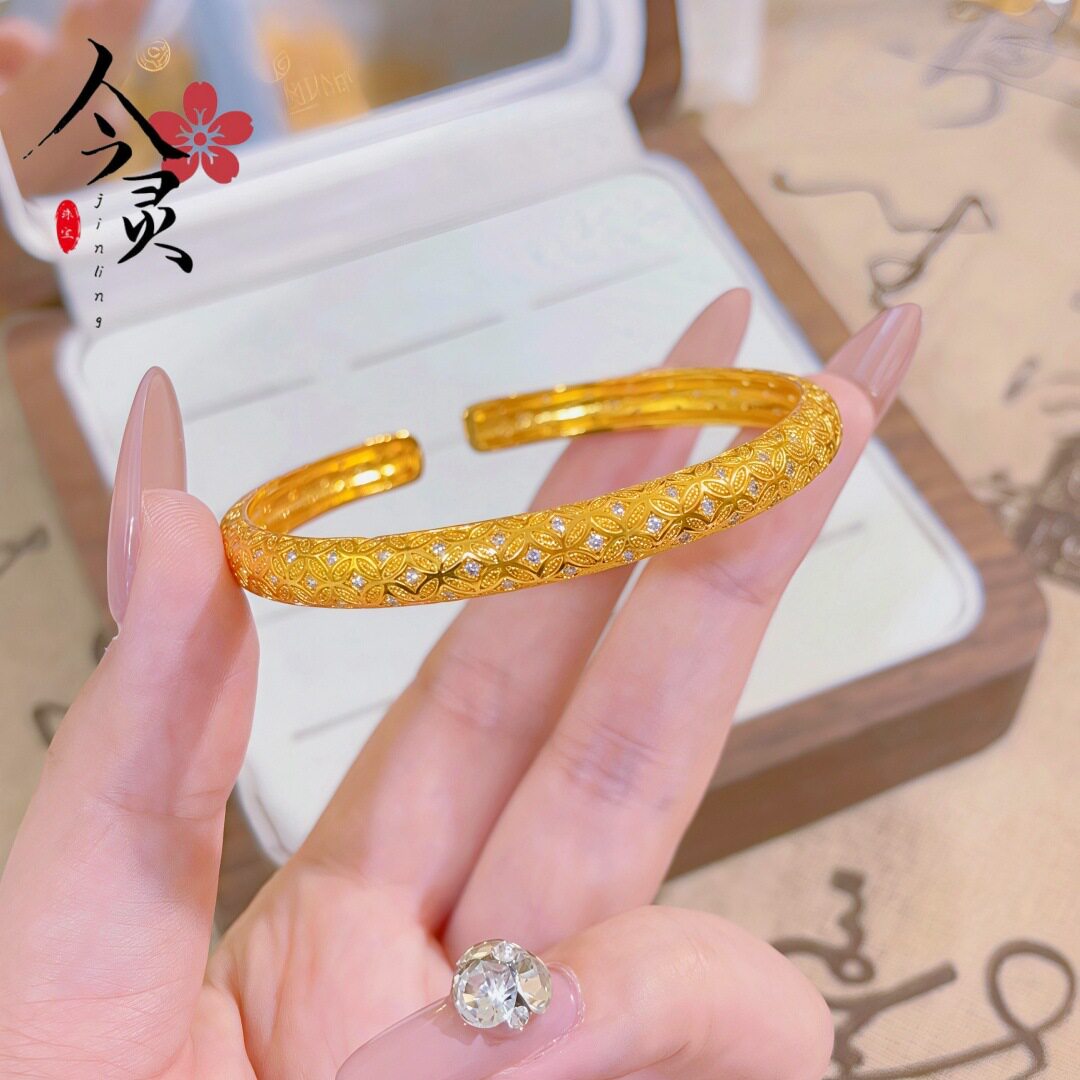 金色同款钱币手镯女满钻钱币开口手环女新中式国潮富贵气质镯子