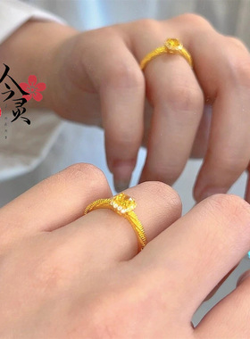 新款小方糖黄水晶宝石黄钻戒指女小众设计高级轻奢精致气质戒指