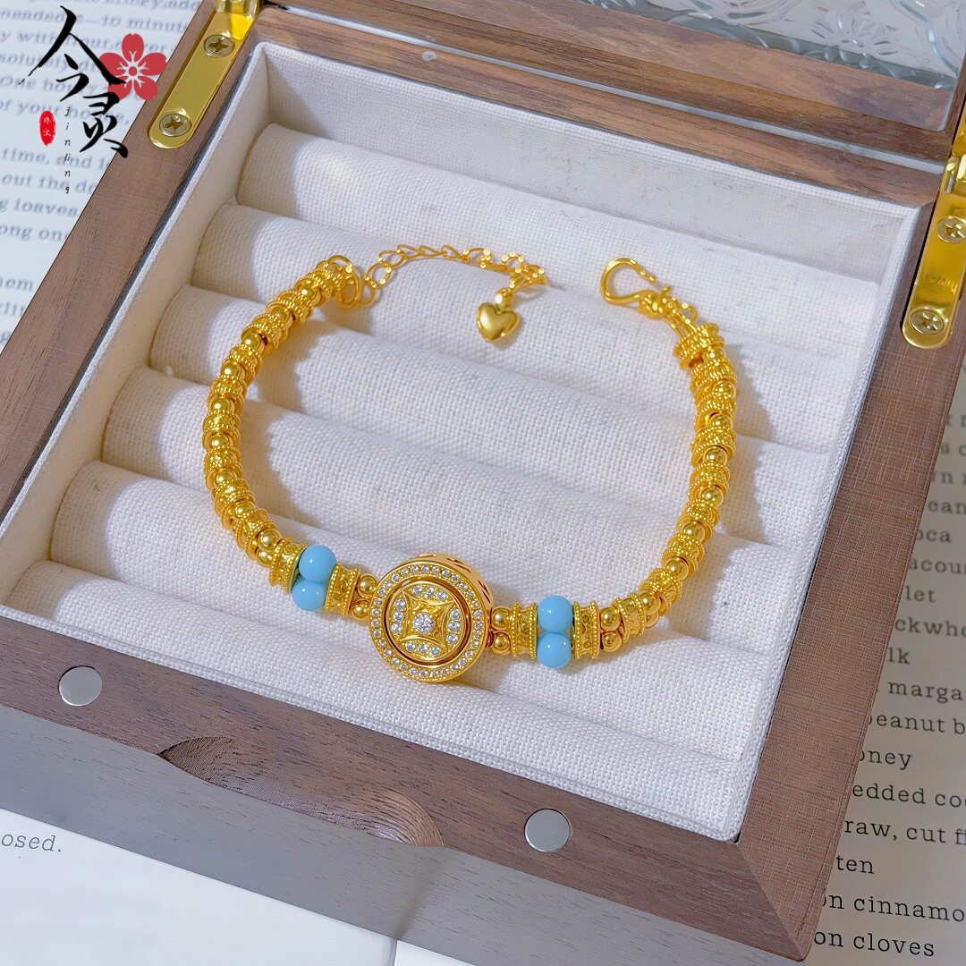 金色同款沙金镶钻铜钱旋转罗盘蹦迪珠手链 轻奢百搭时尚罗盘手链