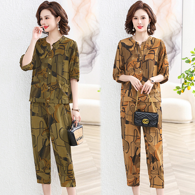 妈妈款夏装两件套装冰丝上衣