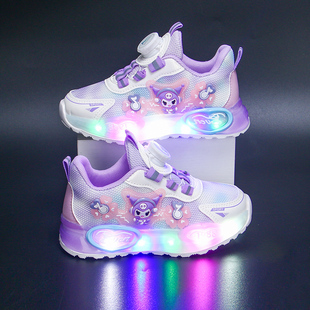 库洛米公主鞋网面透气女宝闪灯鞋女童鞋子单网鞋纽扣儿童亮灯鞋女