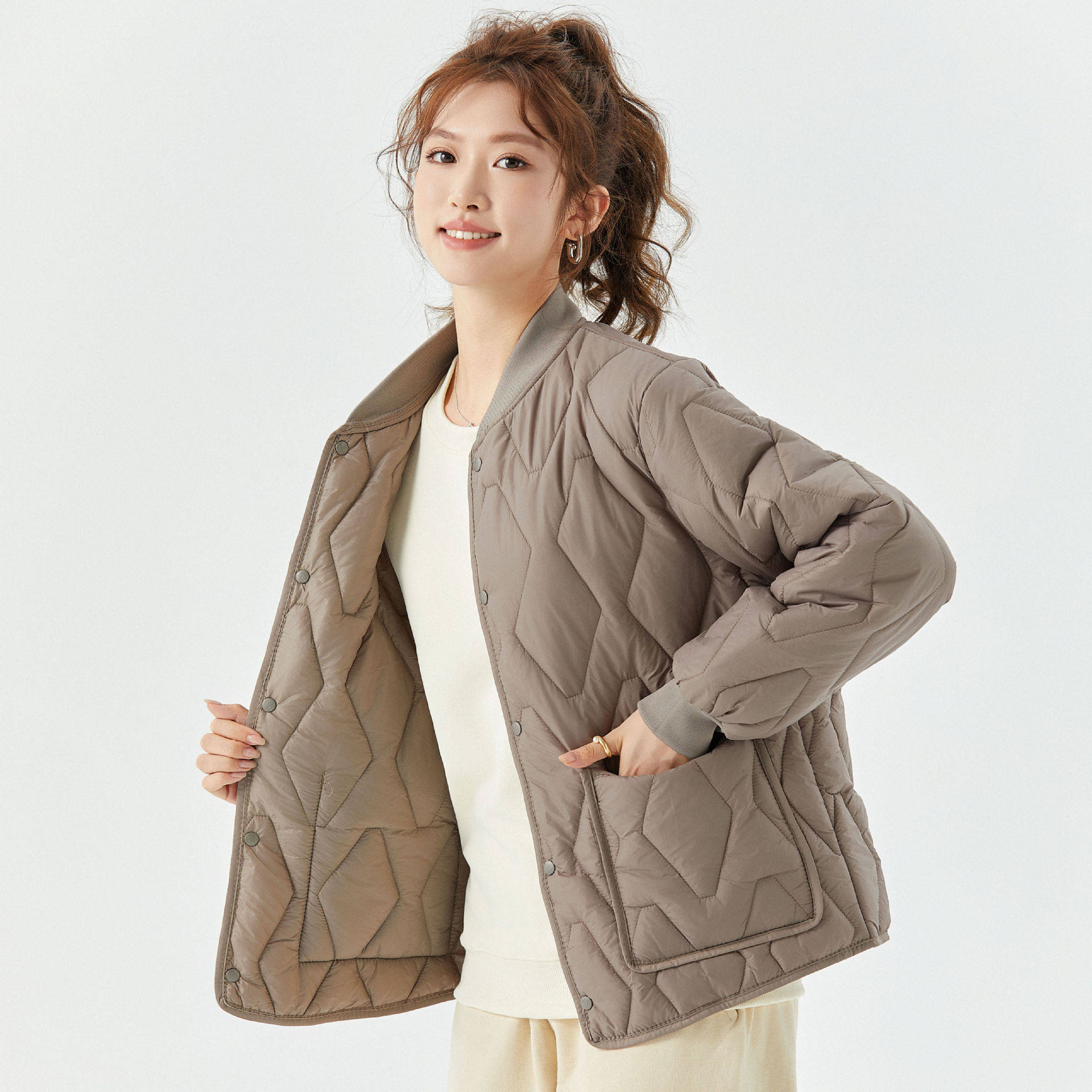 女士保暖长袖棉内胆女款家居棉衣棉服加绒螺纹领可外穿上衣2533