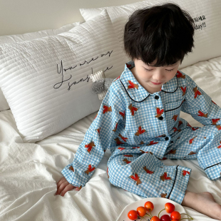 女孩男童透气棉纱睡衣春秋 长袖 韩国儿童家居服夏季 宝宝空调服薄款