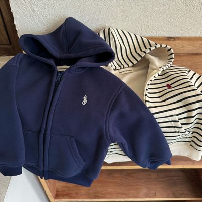 男童加绒外套连帽2024秋冬童装宝宝加厚儿童条纹卫衣拉链运动开衫