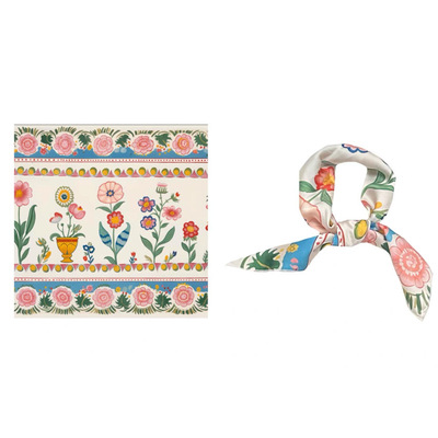 格格出逃～Flora粉色花朵清新蓝色边印花复古少女小方巾丝巾领巾