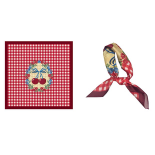 田园风复古红边框格纹少女小方巾丝巾头巾 樱桃小花环～Flora法式