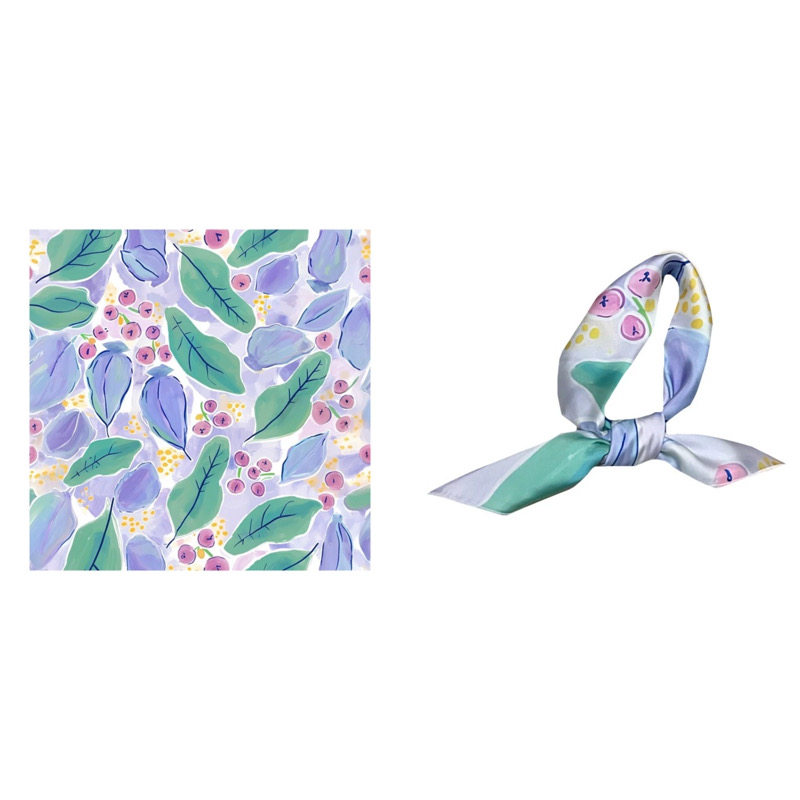 Flora夏日撞色紫绿色树叶子莓果水彩印花文艺韩版小方巾丝巾领巾