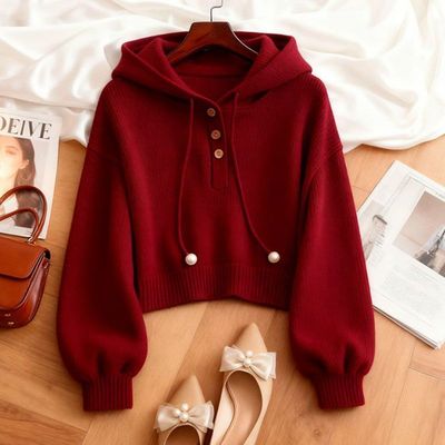 小众别致红色连帽抽绳针织卫衣秋季韩系慵懒风时尚洋气舒适打底衫