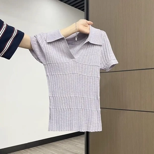 女修身 紫色复古洋气设计感Polo翻领露锁骨针织衫 百搭气质显瘦上衣