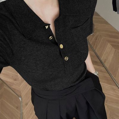 法式灰色高级感气质短袖正肩polo领T恤上衣女夏季2025新款针织衫