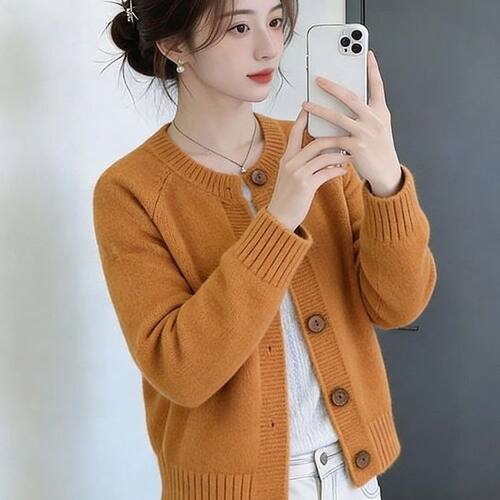 南瓜橘色针织开衫外套女2026秋冬新款小个子慵懒风软糯单排扣毛衣